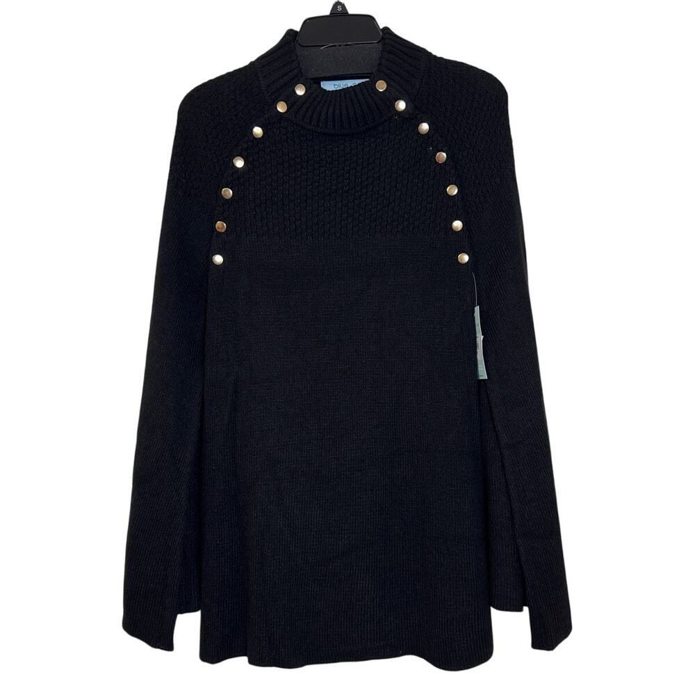 NWT Blue Sol Medium Black Cape Sweater Poncho With Gold Accent Buttons